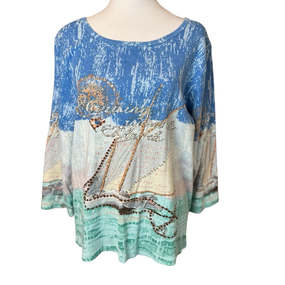 Vtg Take Two Womens All Over Print Shirt XXL Art to Wear Sequin Sailboat‎ Cruise